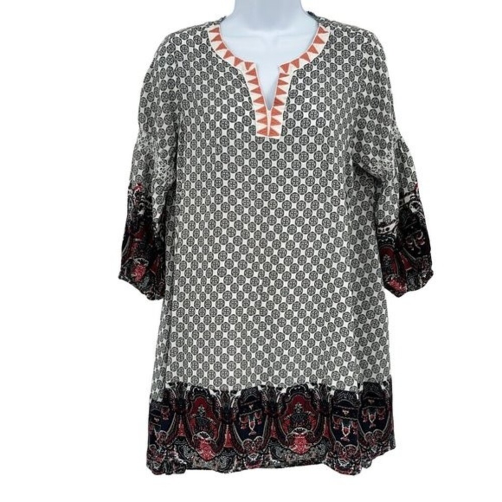 Umgee #1323 S Tunic Dress Black Whte Split Neck Red Accent Casual Lagenlook Boho